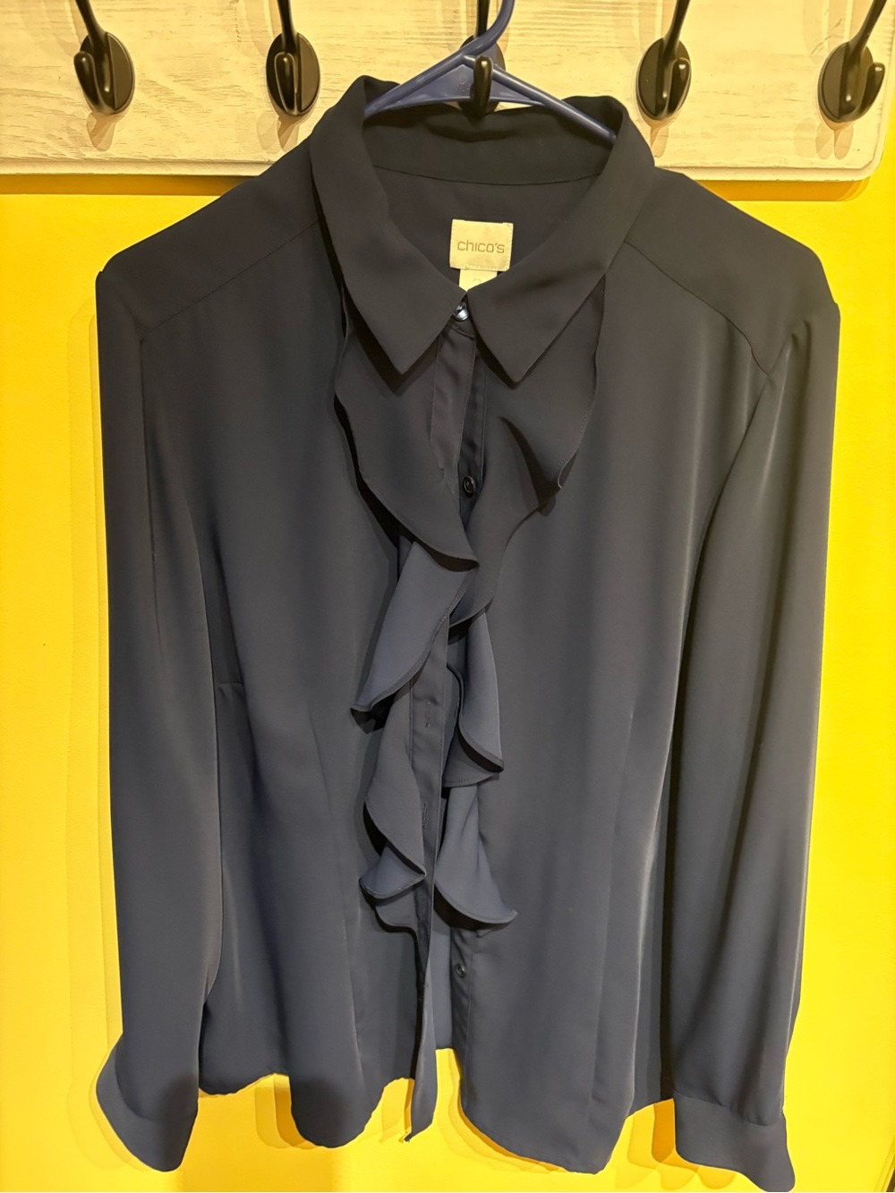 Chico's Navy Ruffle-Front Button-Down Shirt